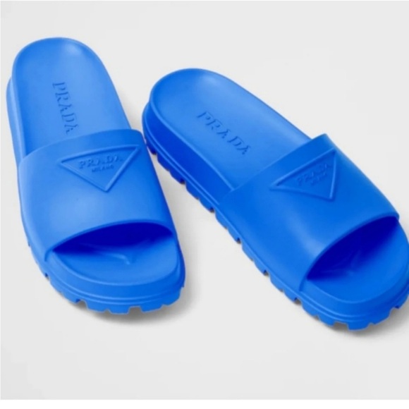 PRADA LOGO BLUE RUBBER SANDALS SLIDES - Picture 3 of 12